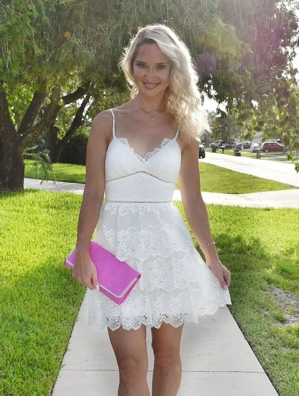 White Teeze Me Junior Womens Ladder Trim Tiered Floral Lace Fit Flare Dress 1/2 - Picture 10 of 11